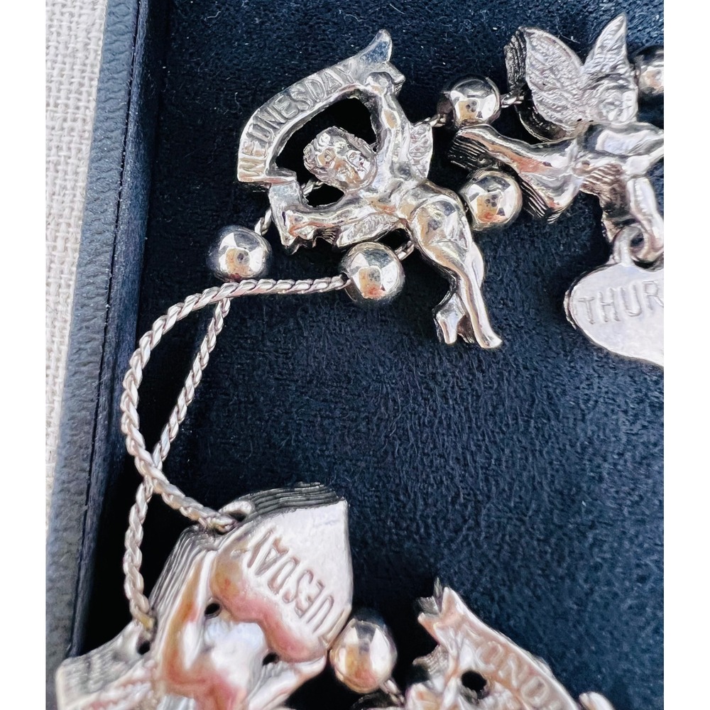 Vintage Silver Tone Days of the Week Cherub Angel Celestial Heart Charm Bracelet - Picture 3 of 11